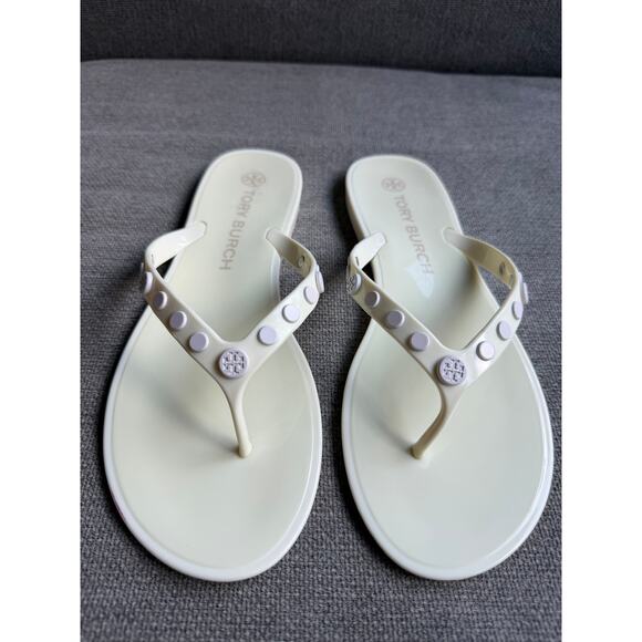 Tory Burch Perfect Ivory Studded Jelly Flip Flops Thongs Sandals Sz 9 Cream - Picture 2 of 10